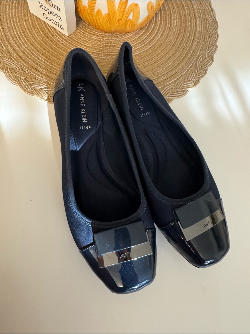 Anne Klein Navy Patent Trim Square-Toe Ballet Flats